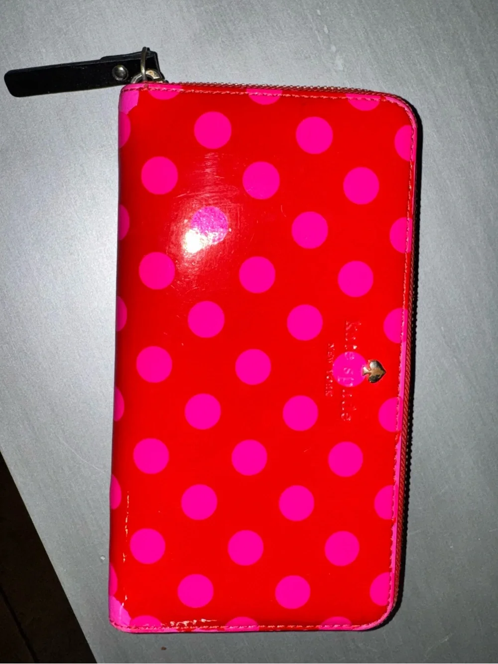 Kate Spade Red Patent Long Wallet with Pink Polka Dots - GUC